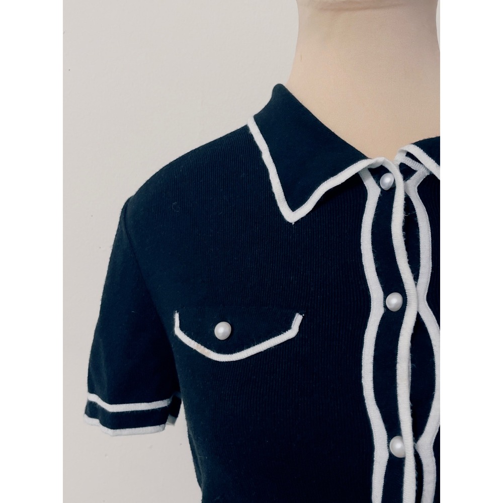 Jason Wu Black Knit Preppy Nautical Top Size M Pearl Trim Classic Minimalist - Picture 3 of 8